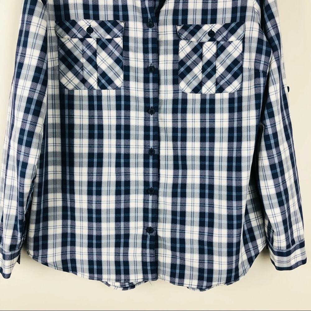 Eddie Bauer blue white plaid button front rip stop hiking camping shirt large - Picture 4 of 8
